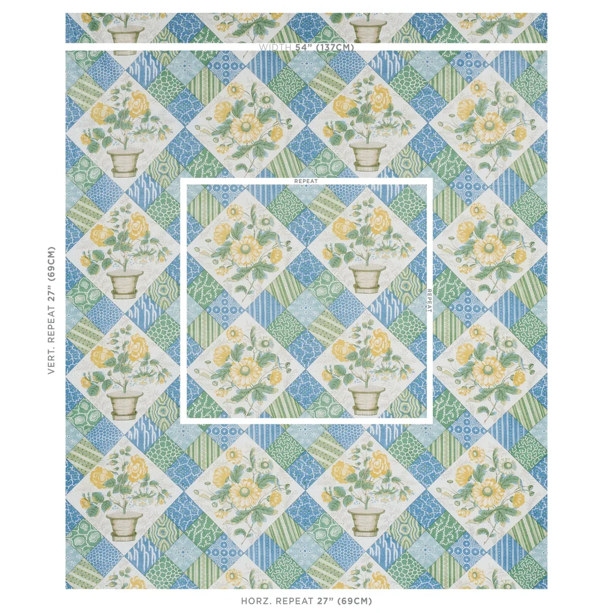 CALDWELL PATCHWORK CHINTZ fabric YELLOW AND CORNFLOWER color by Schumacher