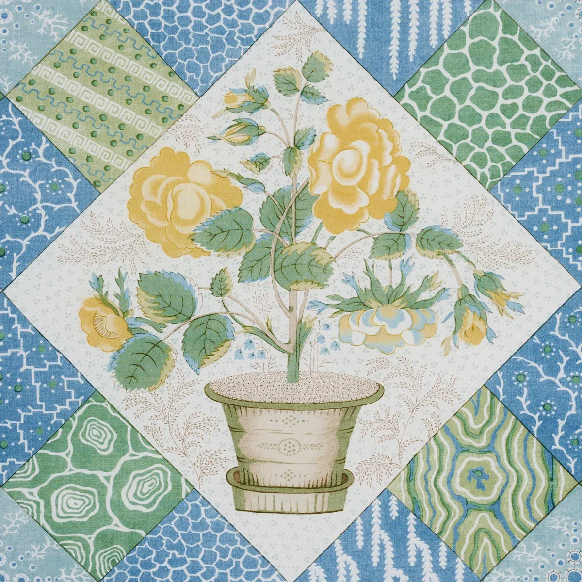 CALDWELL PATCHWORK CHINTZ fabric YELLOW AND CORNFLOWER color by Schumacher