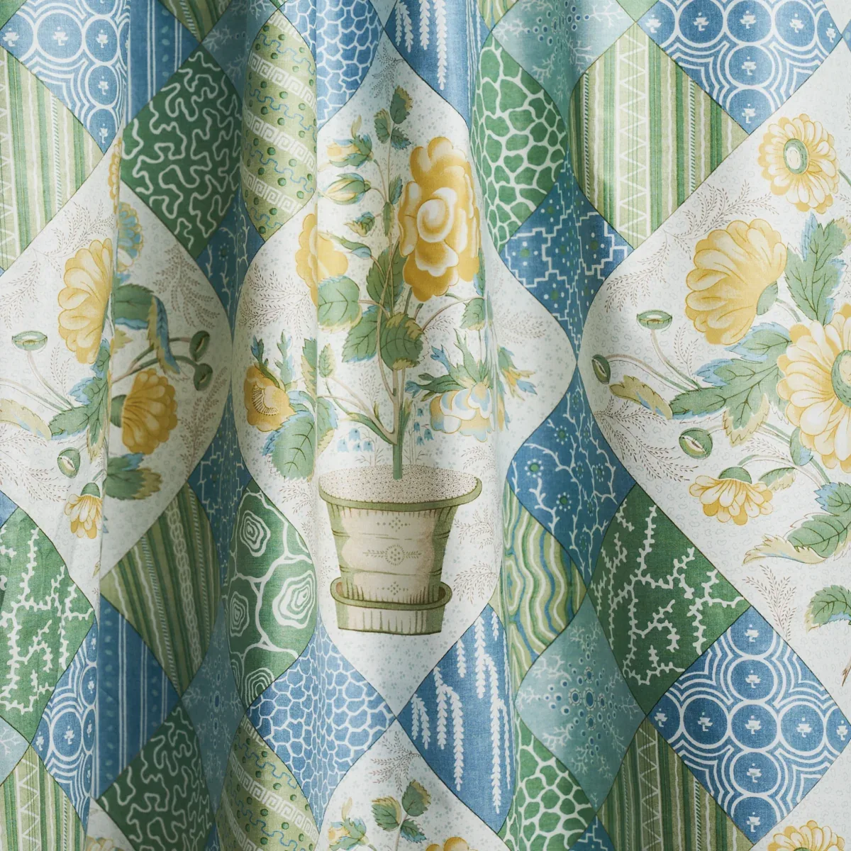 CALDWELL PATCHWORK CHINTZ fabric YELLOW AND CORNFLOWER color by Schumacher