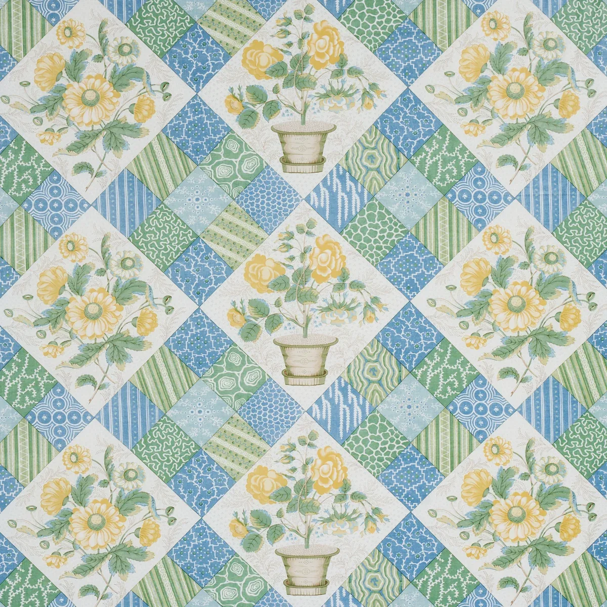 CALDWELL PATCHWORK CHINTZ fabric YELLOW AND CORNFLOWER color by Schumacher