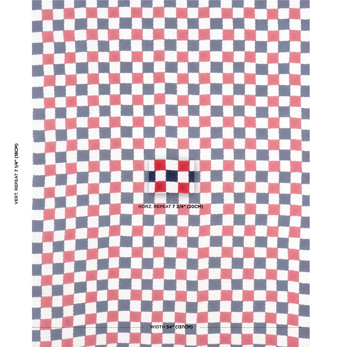 Chequer Hand Block Print Fabric – RED/NAVY | Schumacher | Wa Chequer Hand Block Print fabric RED/NAVY color by Schumacher