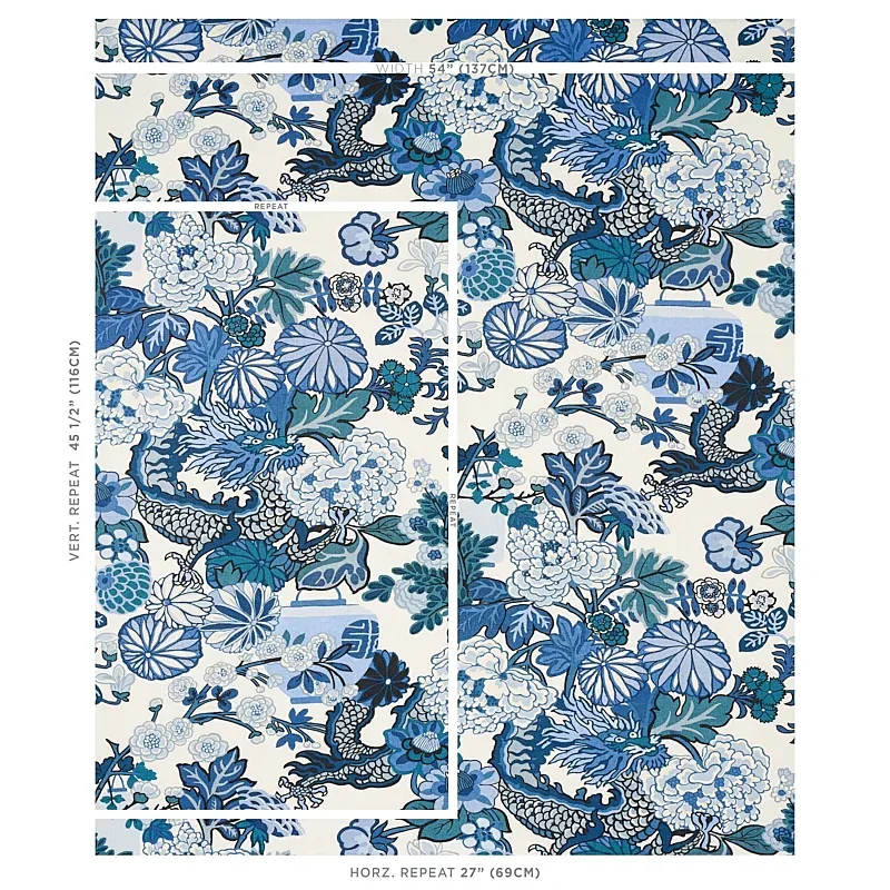 CHIANG MAI DRAGON Fabric – CHINA BLUE | Schumacher | Wallpap CHIANG MAI DRAGON fabric CHINA BLUE color by Schumacher