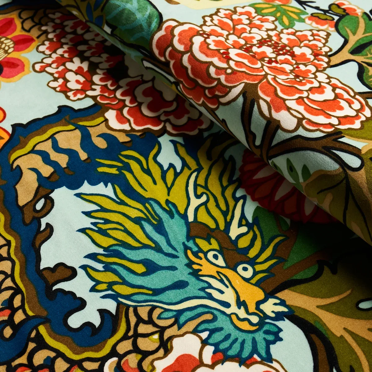 CHIANG MAI DRAGON VELVET Fabric – AQUAMARINE | Schumacher | CHIANG MAI DRAGON VELVET fabric AQUAMARINE color by Schumacher