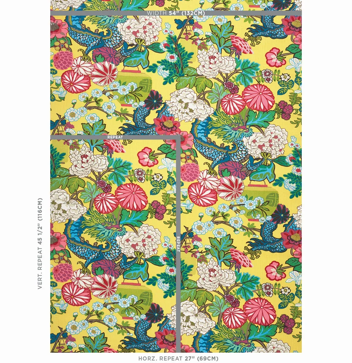 CHIANG MAI DRAGON Fabric – YELLOW | Schumacher | Wallpaper T CHIANG MAI DRAGON fabric YELLOW color by Schumacher