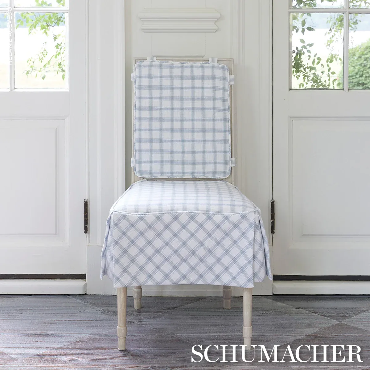 CRAWFORD LINEN CHECK fabric JASPER BLUE color by Schumacher
