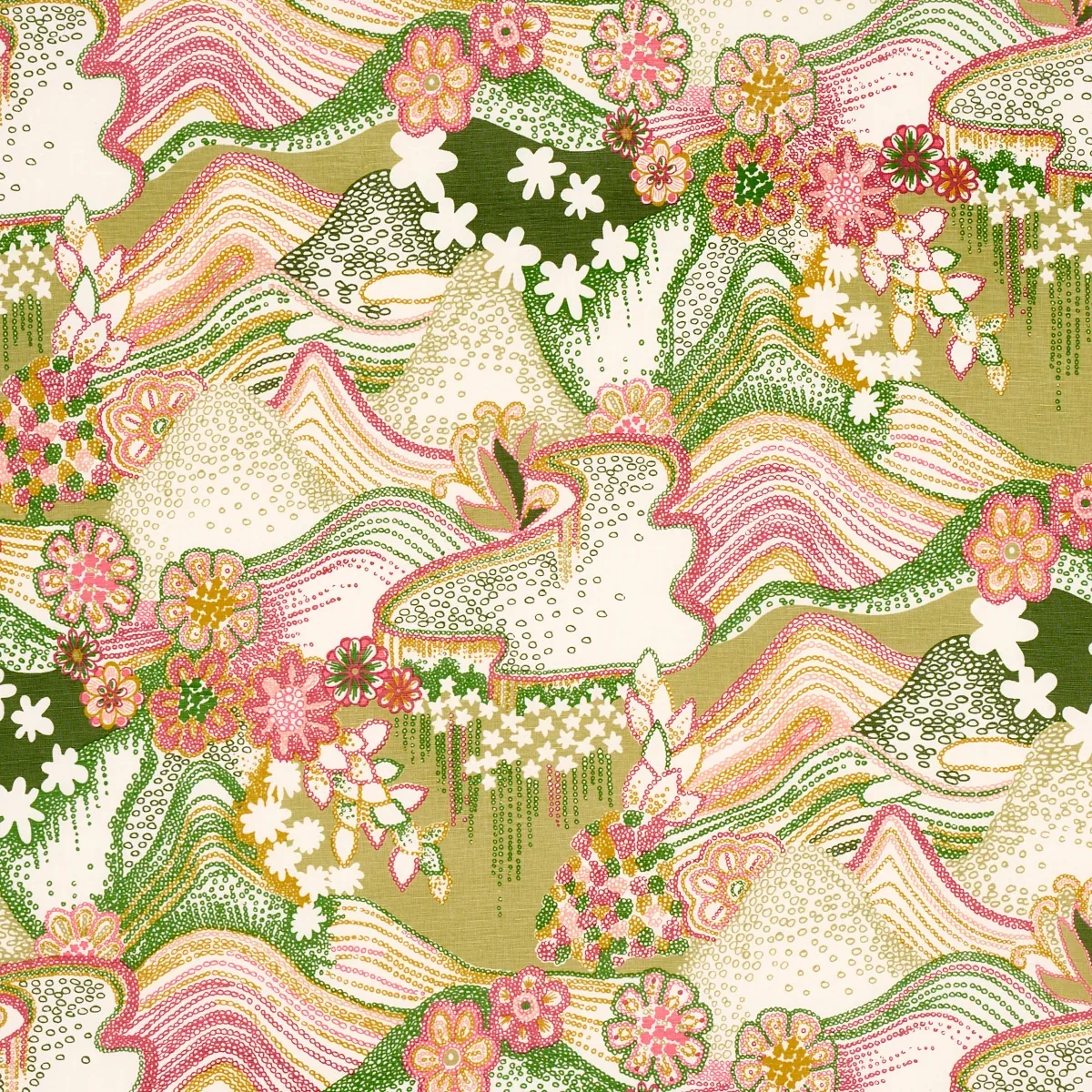 DAISY CHAIN fabric GREEN AND PINK color by Schumacher