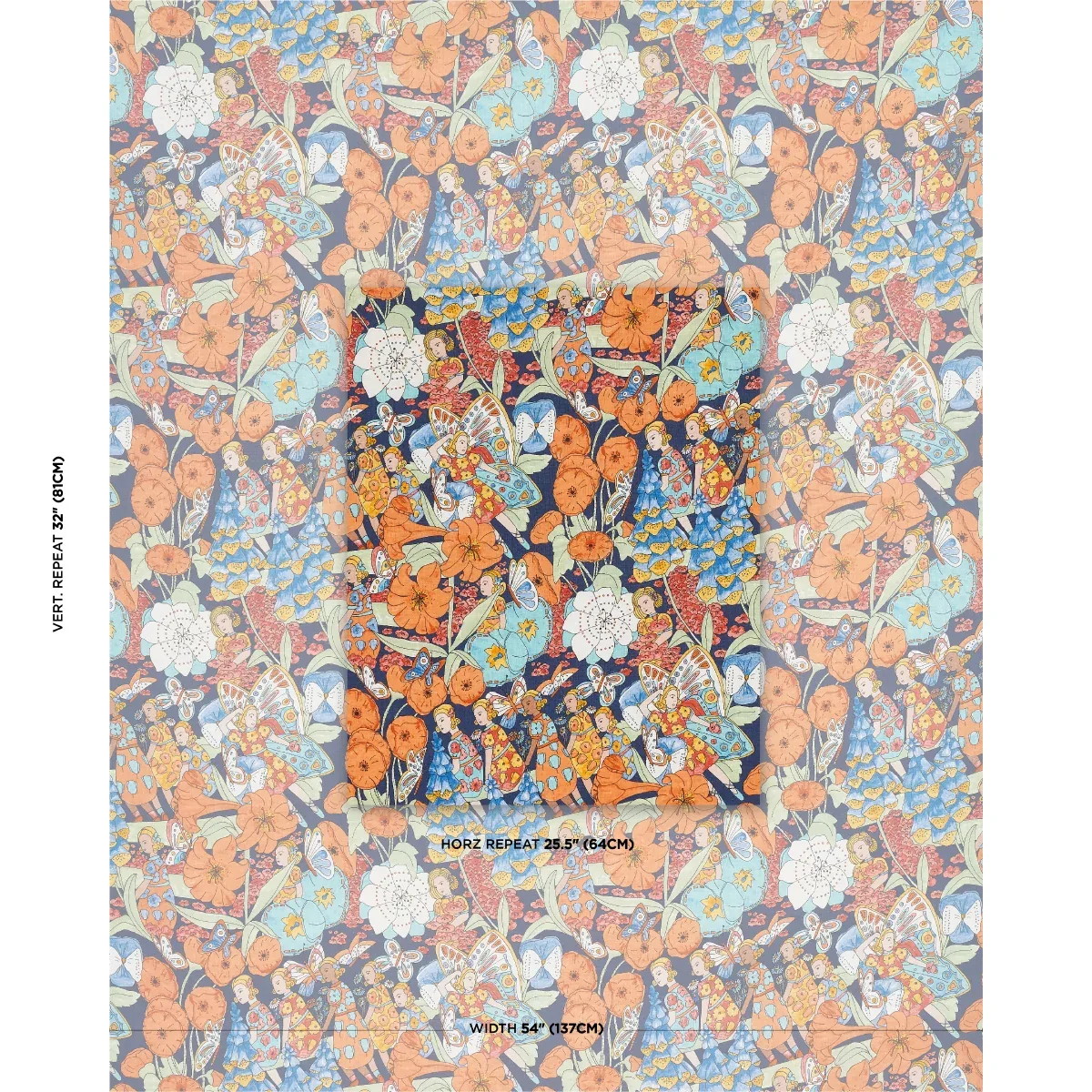 FAIRIE GARDEN fabric ORANGE AND NAVY color by Schumacher