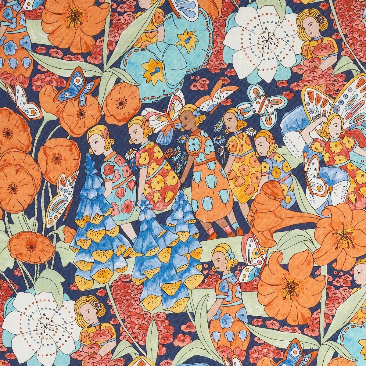FAIRIE GARDEN fabric ORANGE AND NAVY color by Schumacher