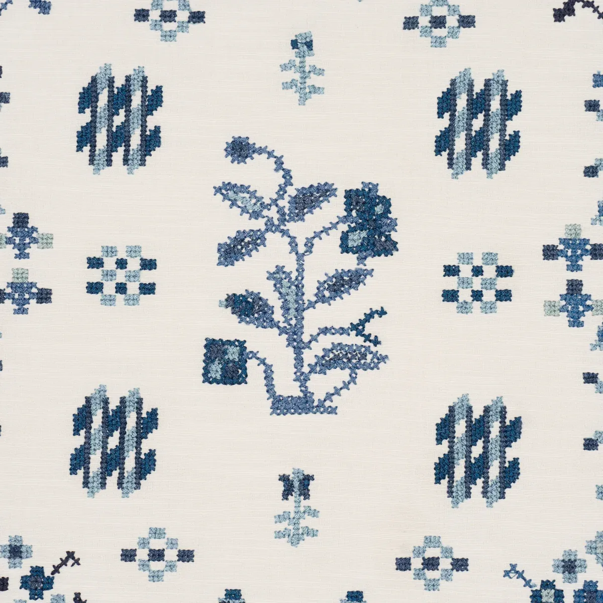 FAIRVIEW CROSS STITCH EMBROIDERY fabric INDIGO color by Schumacher