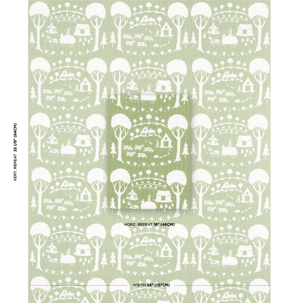 Farm Scene Fabric – GREEN | Schumacher | Wallpaper Twins Farm Scene fabric GREEN color by Schumacher