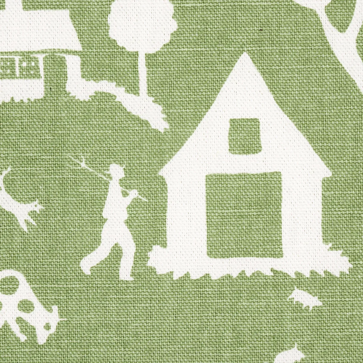 Farm Scene Fabric – GREEN | Schumacher | Wallpaper Twins Farm Scene fabric GREEN color by Schumacher