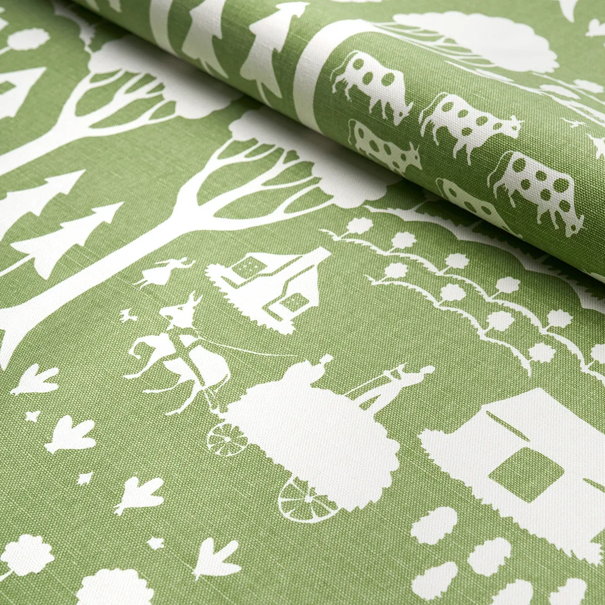 Farm Scene Fabric – GREEN | Schumacher | Wallpaper Twins Farm Scene fabric GREEN color by Schumacher