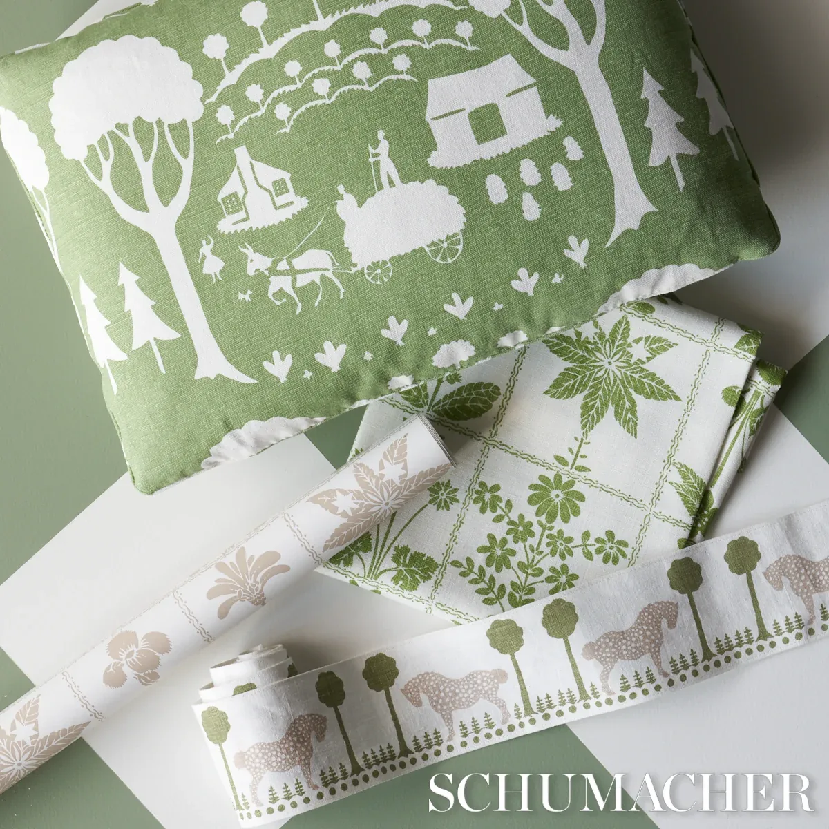Farm Scene Fabric – GREEN | Schumacher | Wallpaper Twins Farm Scene fabric GREEN color by Schumacher