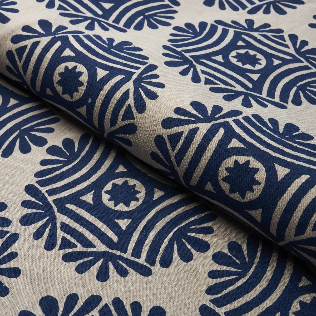 GILDED STAR BLOCK PRINT fabric NAVY ON NATURAL color by Schumacher
