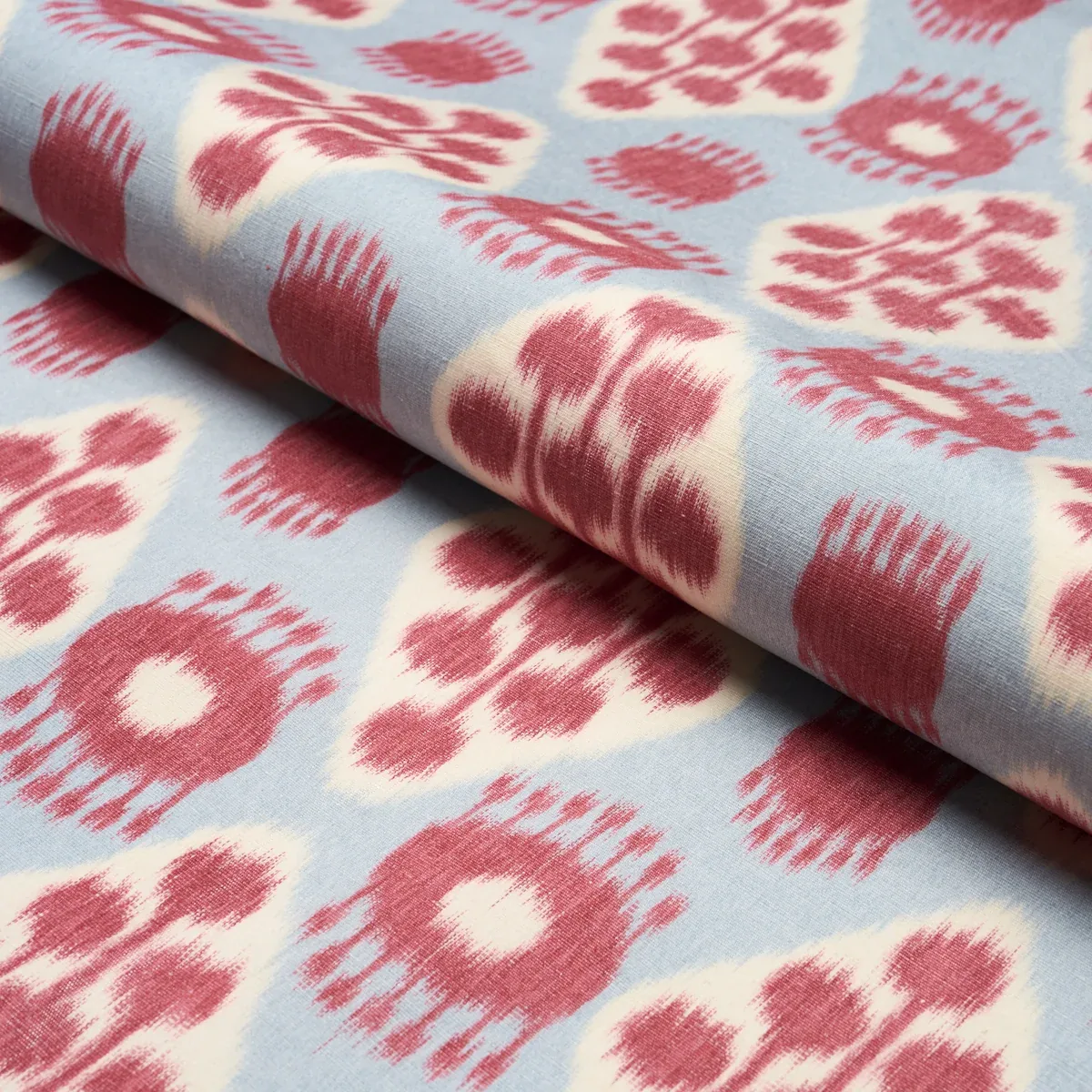 HAMILTON IKAT fabric SKY AND CHERRY color by Schumacher