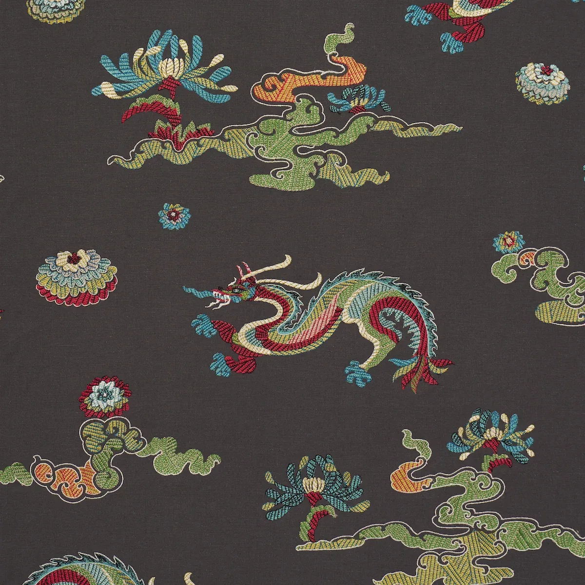 Hanlun Dragon Embroidery Fabric – CHARCOAL | Schumacher | Wa Hanlun Dragon Embroidery fabric CHARCOAL color by Schumacher