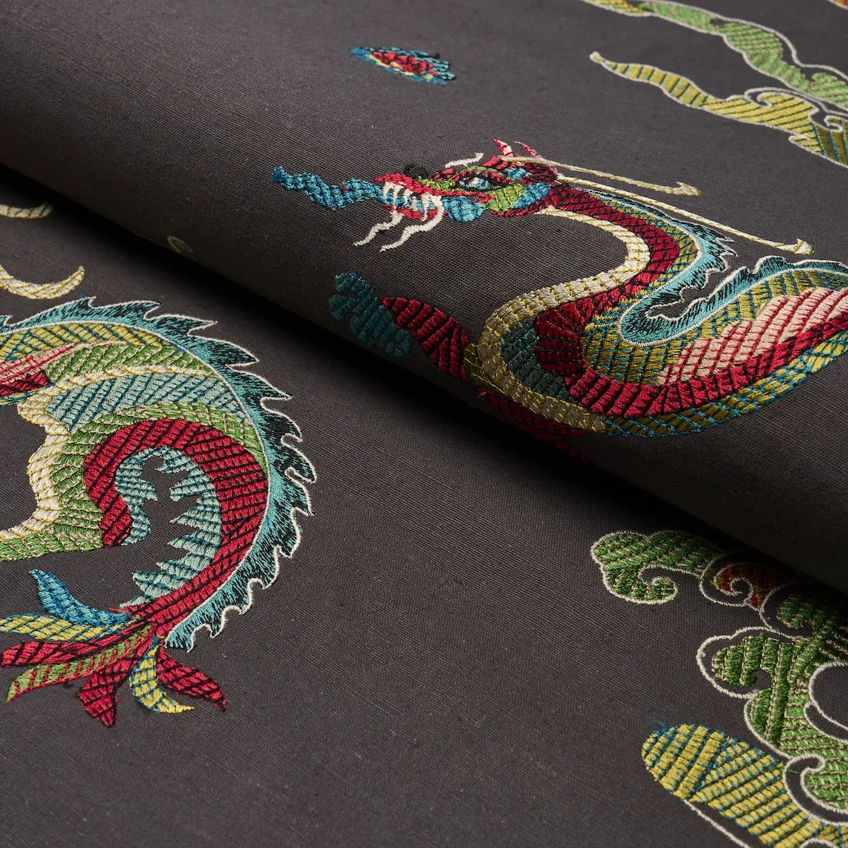 Hanlun Dragon Embroidery Fabric – CHARCOAL | Schumacher | Wa Hanlun Dragon Embroidery fabric CHARCOAL color by Schumacher