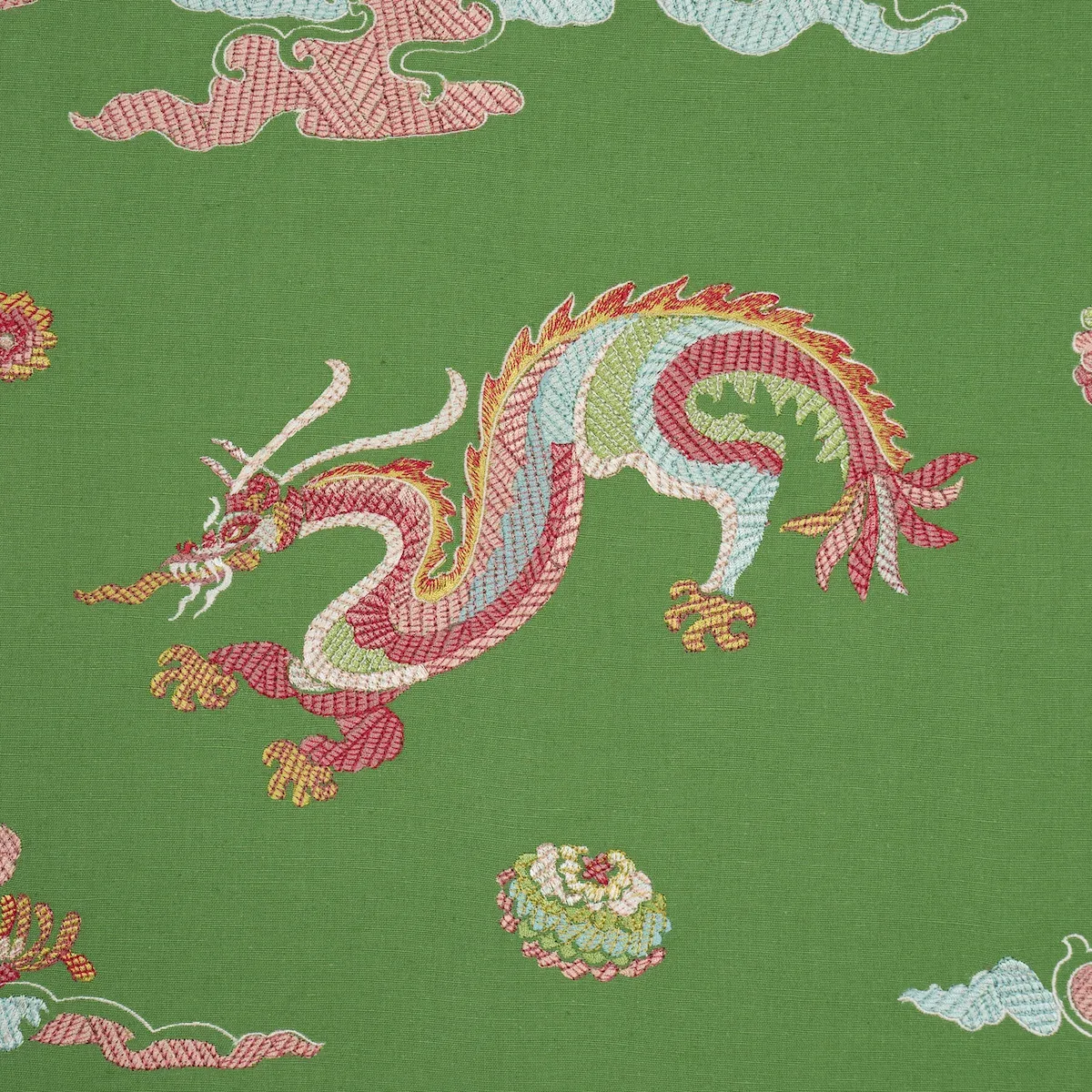 Hanlun Dragon Embroidery Fabric – GREEN | Schumacher | Wallp Hanlun Dragon Embroidery fabric GREEN color by Schumacher