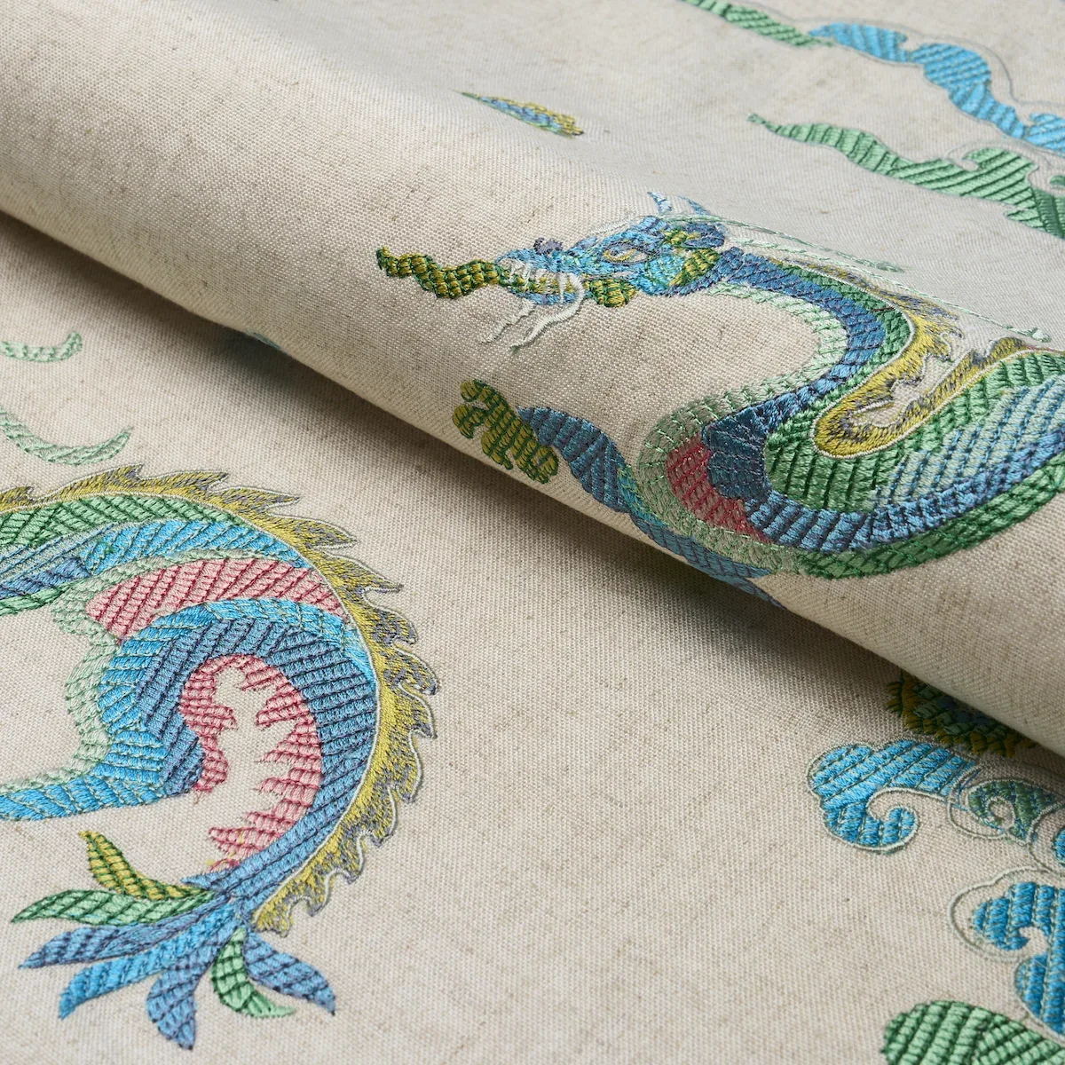Hanlun Dragon Embroidery Fabric – NATURAL | Schumacher | Wal Hanlun Dragon Embroidery fabric NATURAL color by Schumacher