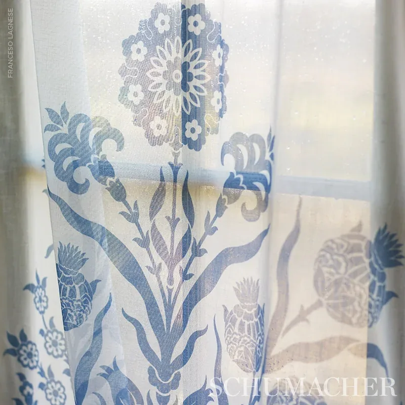 IZNIK SHEER Fabric – BLUE | Schumacher | Wallpaper Twins IZNIK SHEER fabric BLUE color by Schumacher