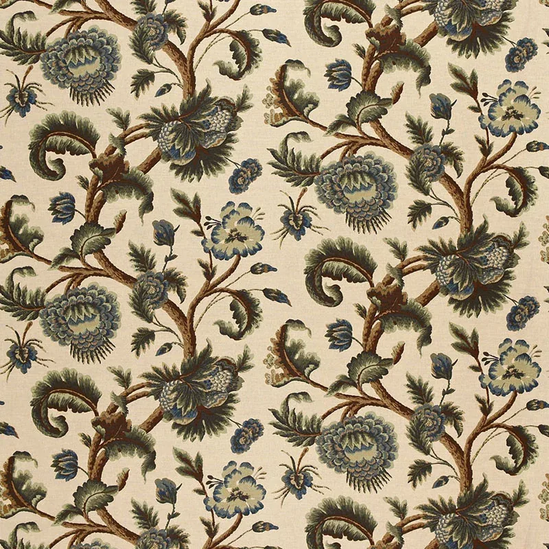 JACOBEAN PRINTED CREWEL fabric MULTI BLUES WOOD TONES color by Schumacher
