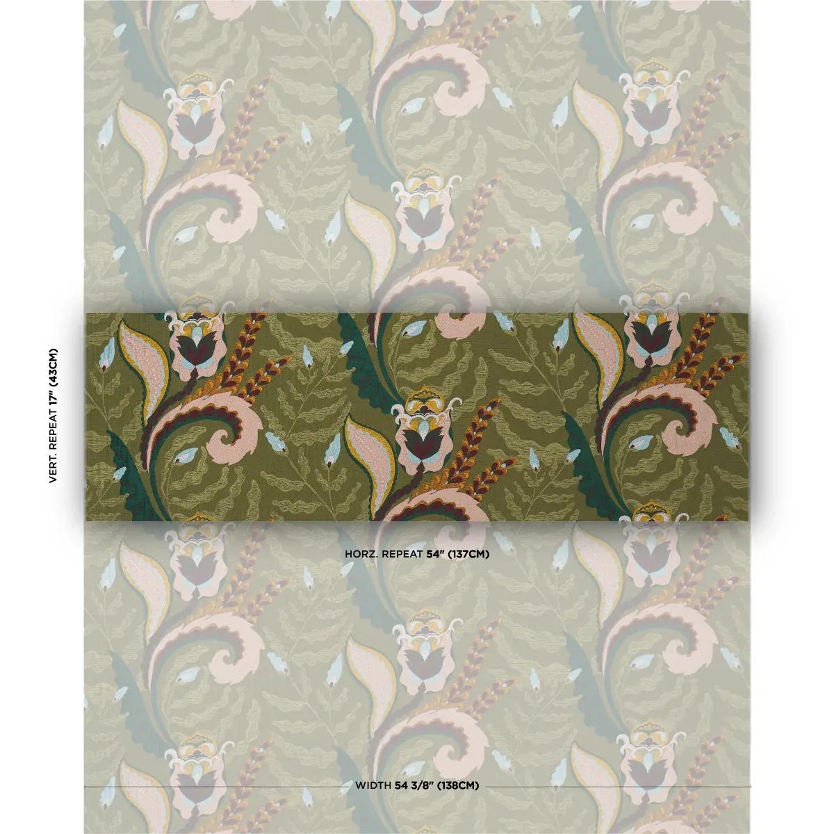 JAIPUR FANTAISIE Fabric – MOSS | Schumacher | Wallpaper Twin JAIPUR FANTAISIE fabric MOSS color by Schumacher