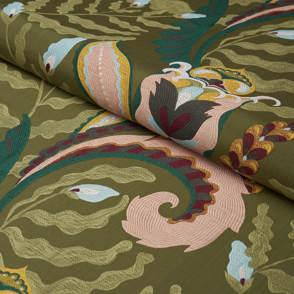 JAIPUR FANTAISIE Fabric – MOSS | Schumacher | Wallpaper Twin JAIPUR FANTAISIE fabric MOSS color by Schumacher