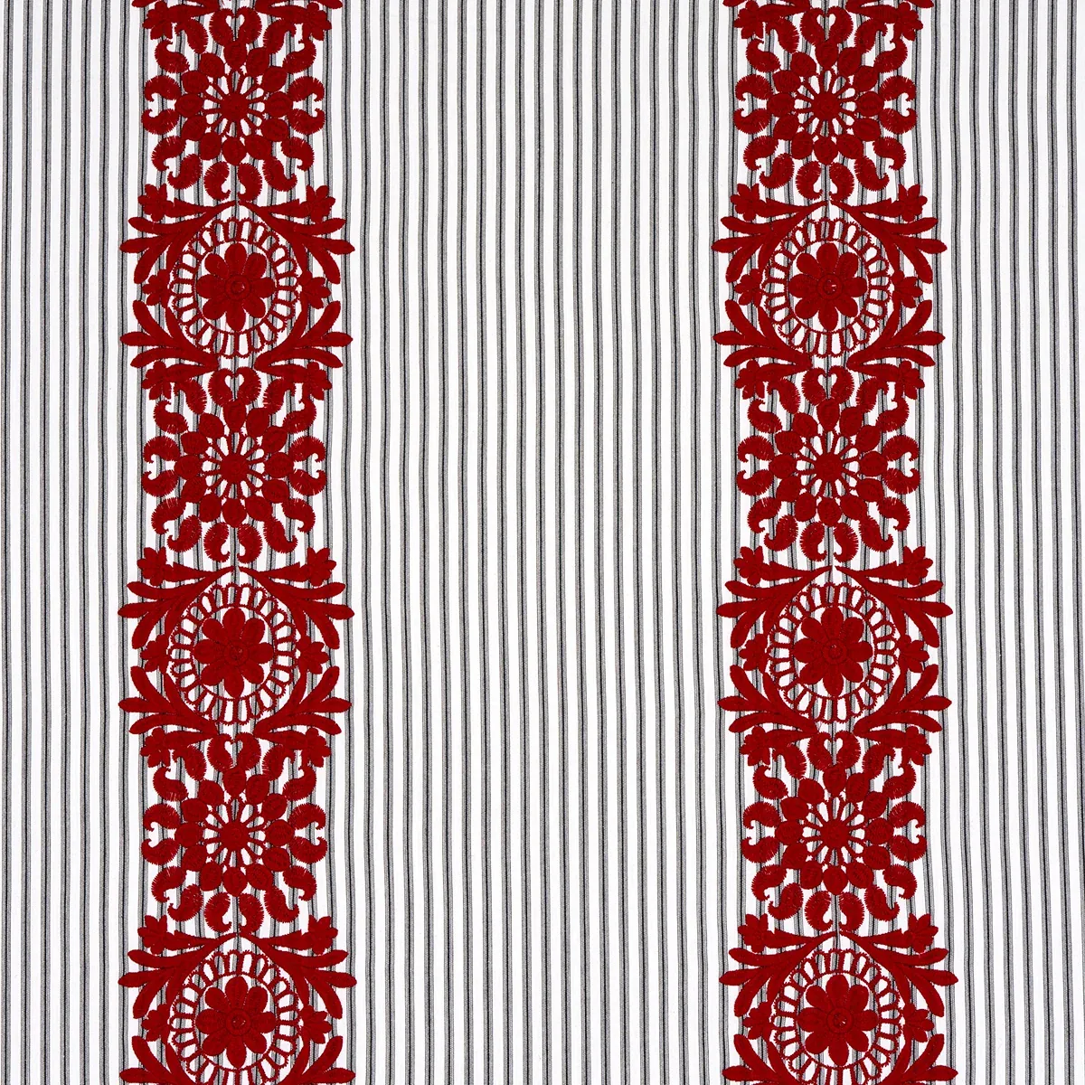 Joelle Stripe fabric RED ON BLACK color by Schumacher