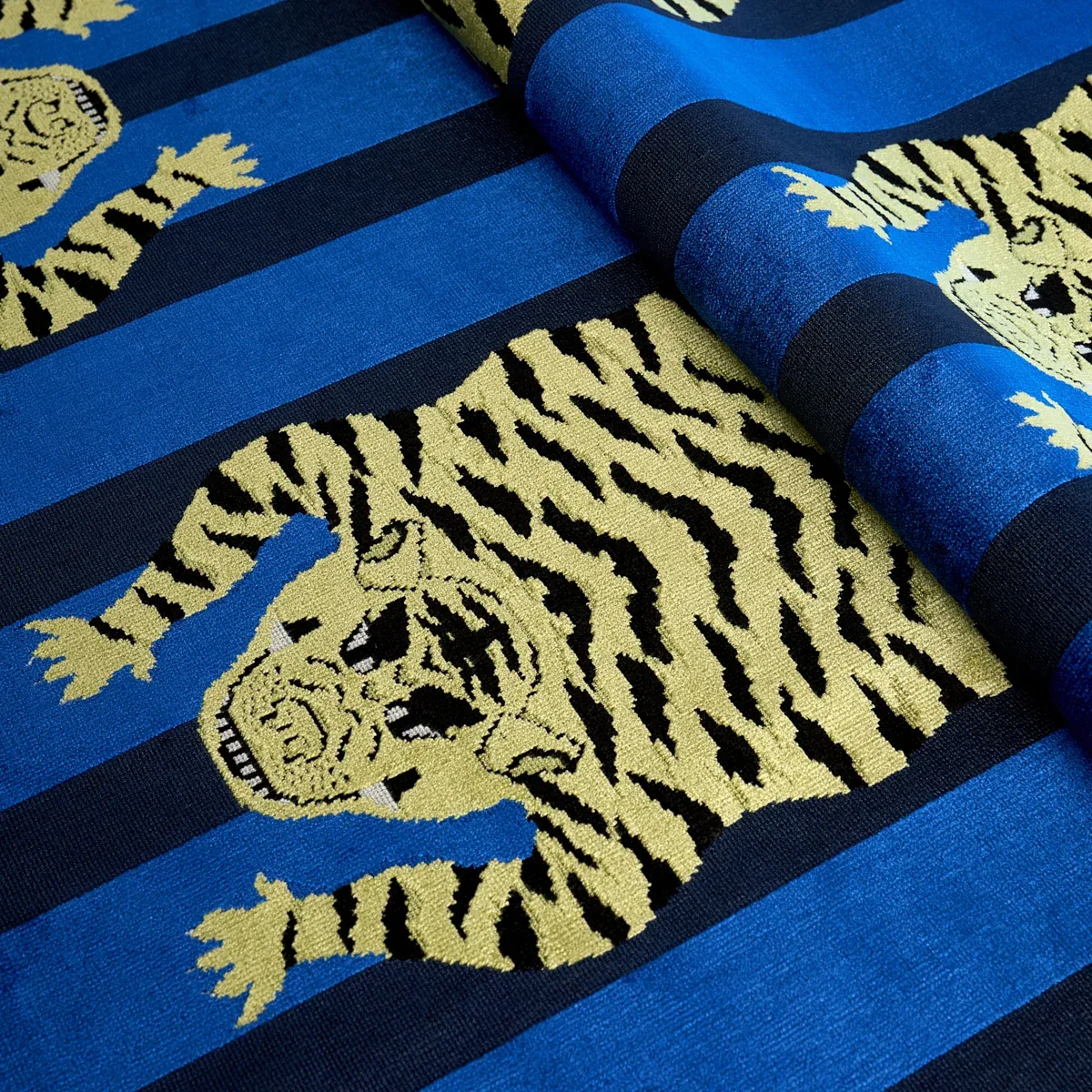Jokhang Tiger Velvet Fabric – BLUE | Schumacher | Wallpaper Jokhang Tiger Velvet fabric BLUE color by Schumacher