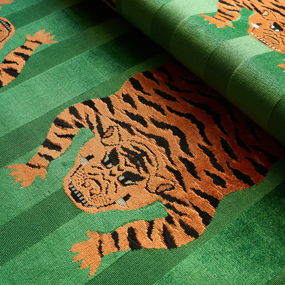 Jokhang Tiger Velvet Fabric – GREEN | Schumacher | Wallpaper Jokhang Tiger Velvet fabric GREEN color by Schumacher