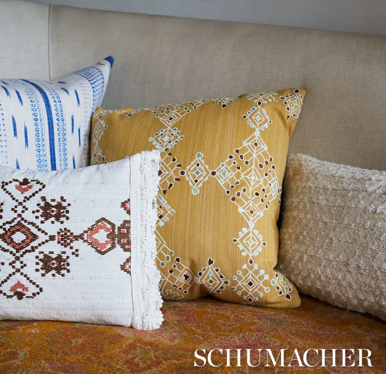 KALINDI EMBROIDERY Fabric – SAFFRON | Schumacher | Wallpaper KALINDI EMBROIDERY fabric SAFFRON color by Schumacher