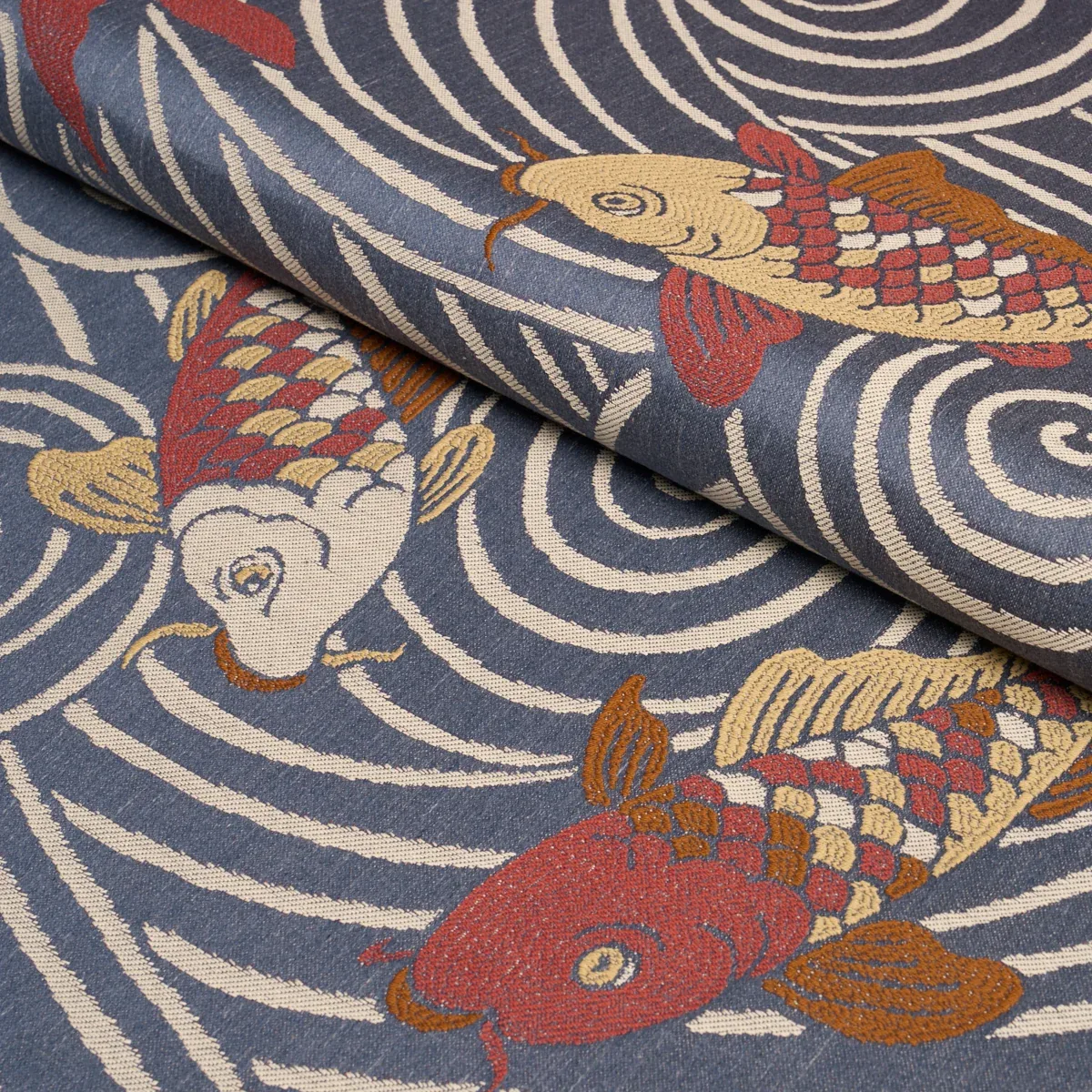 KOI FISH Fabric – INDIGO | Schumacher | Wallpaper Twins KOI FISH fabric INDIGO color by Schumacher