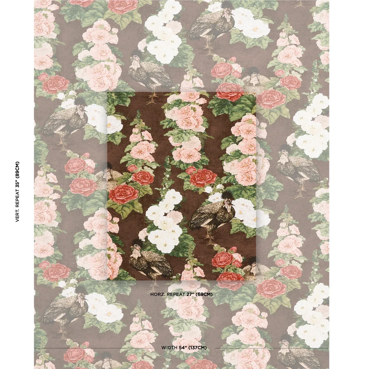 LADY HOLLYHOCK Fabric – BROWN | Schumacher | Wallpaper Twins LADY HOLLYHOCK fabric BROWN color by Schumacher