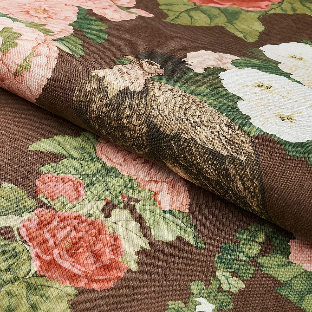 LADY HOLLYHOCK Fabric – BROWN | Schumacher | Wallpaper Twins LADY HOLLYHOCK fabric BROWN color by Schumacher
