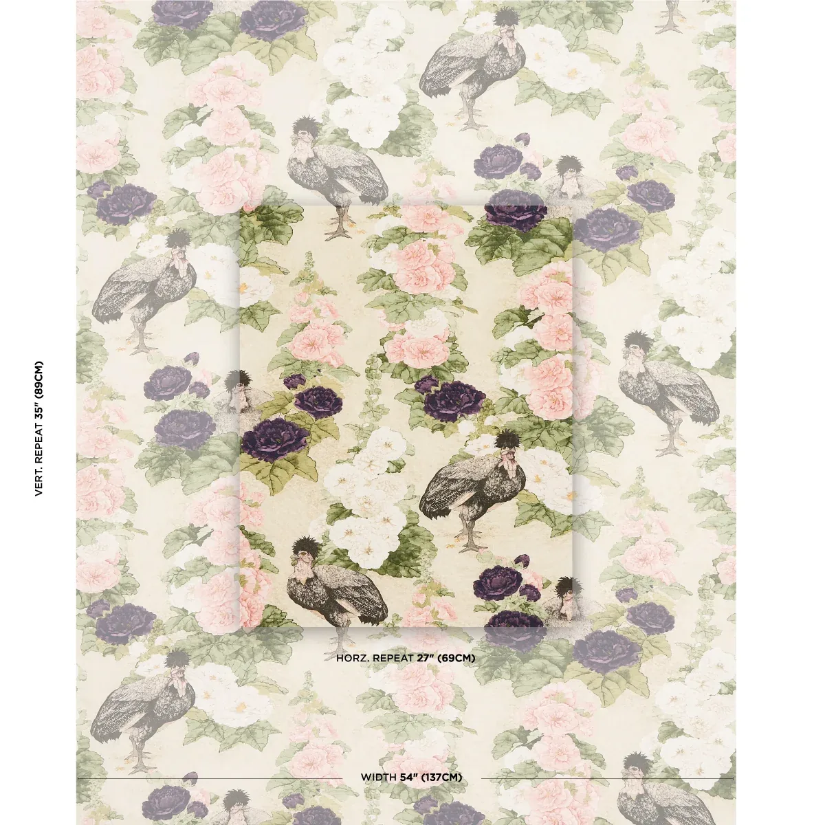 LADY HOLLYHOCK Fabric – CREME | Schumacher | Wallpaper Twins LADY HOLLYHOCK fabric CREME color by Schumacher