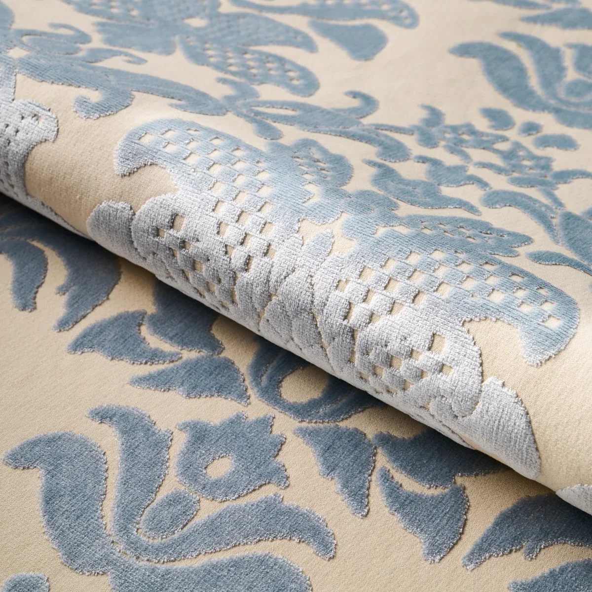 LIMBOURG DAMASK VELVET fabric SKY color by Schumacher