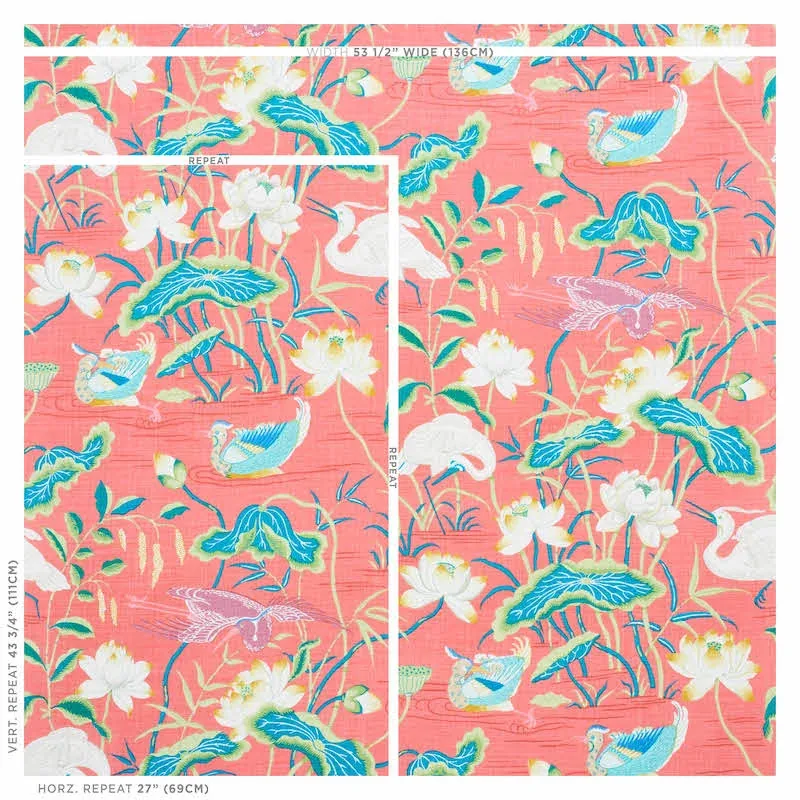 LOTUS GARDEN Fabric – RED | Schumacher | Wallpaper Twins LOTUS GARDEN fabric RED color by Schumacher