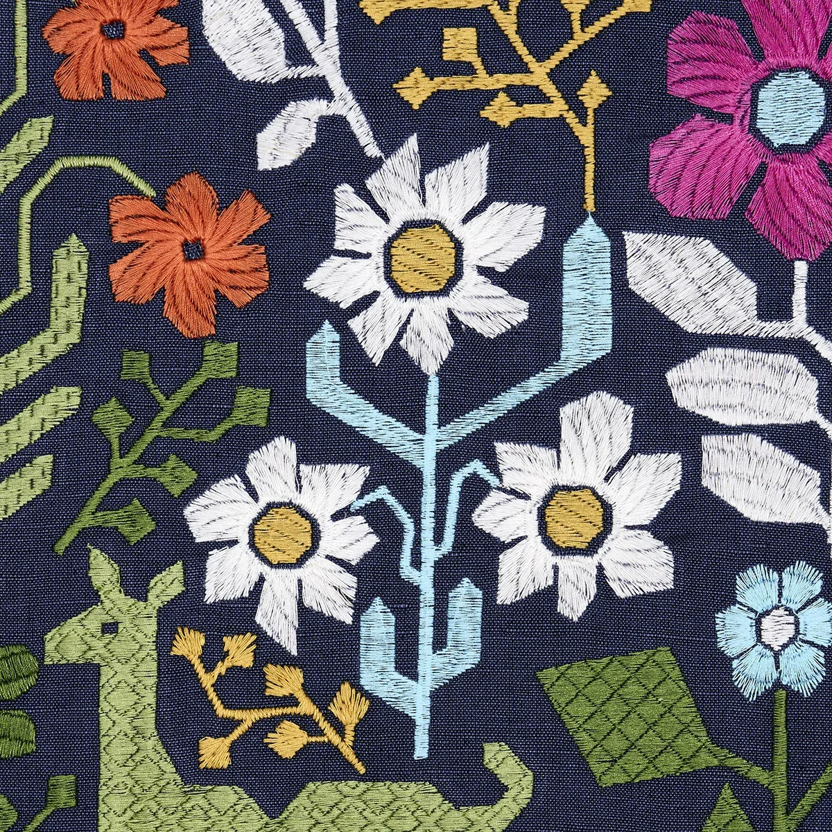 LUPITA EMBROIDERY fabric MULTI ON NAVY color by Schumacher