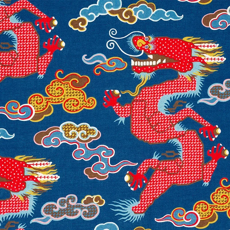 MAGICAL MING DRAGON fabric NAVY color by Schumacher