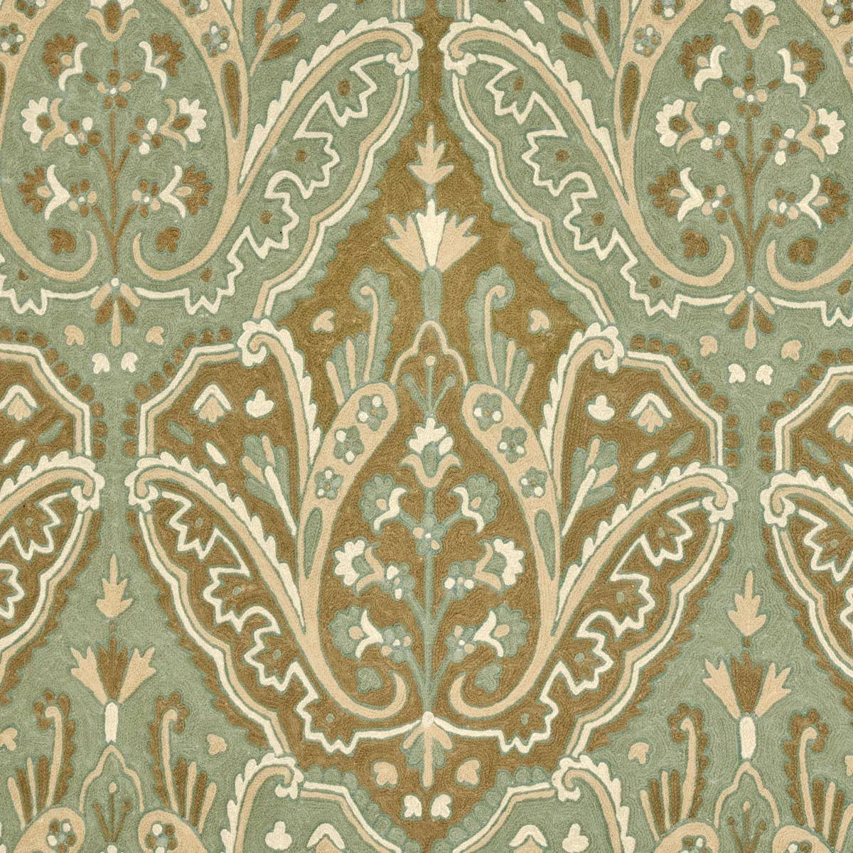 Maharajah Crewel Embroidery fabric VERDIGRIS color by Schumacher