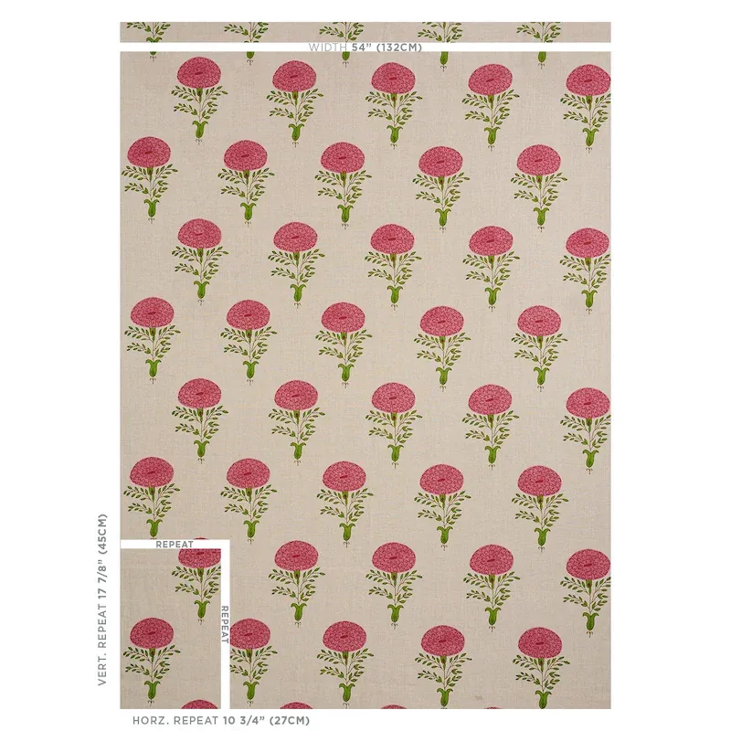 Marigold Hand Block Print fabric PINK color by Schumacher