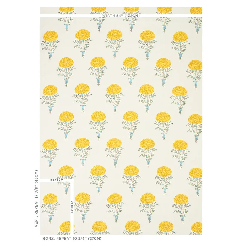 Marigold Hand Block Print Fabric – YELLOW | Schumacher | Wal Marigold Hand Block Print fabric YELLOW color by Schumacher