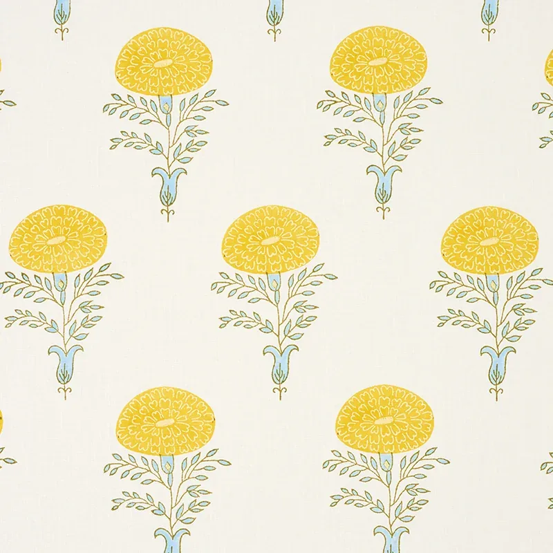 Marigold Hand Block Print fabric YELLOW color by Schumacher