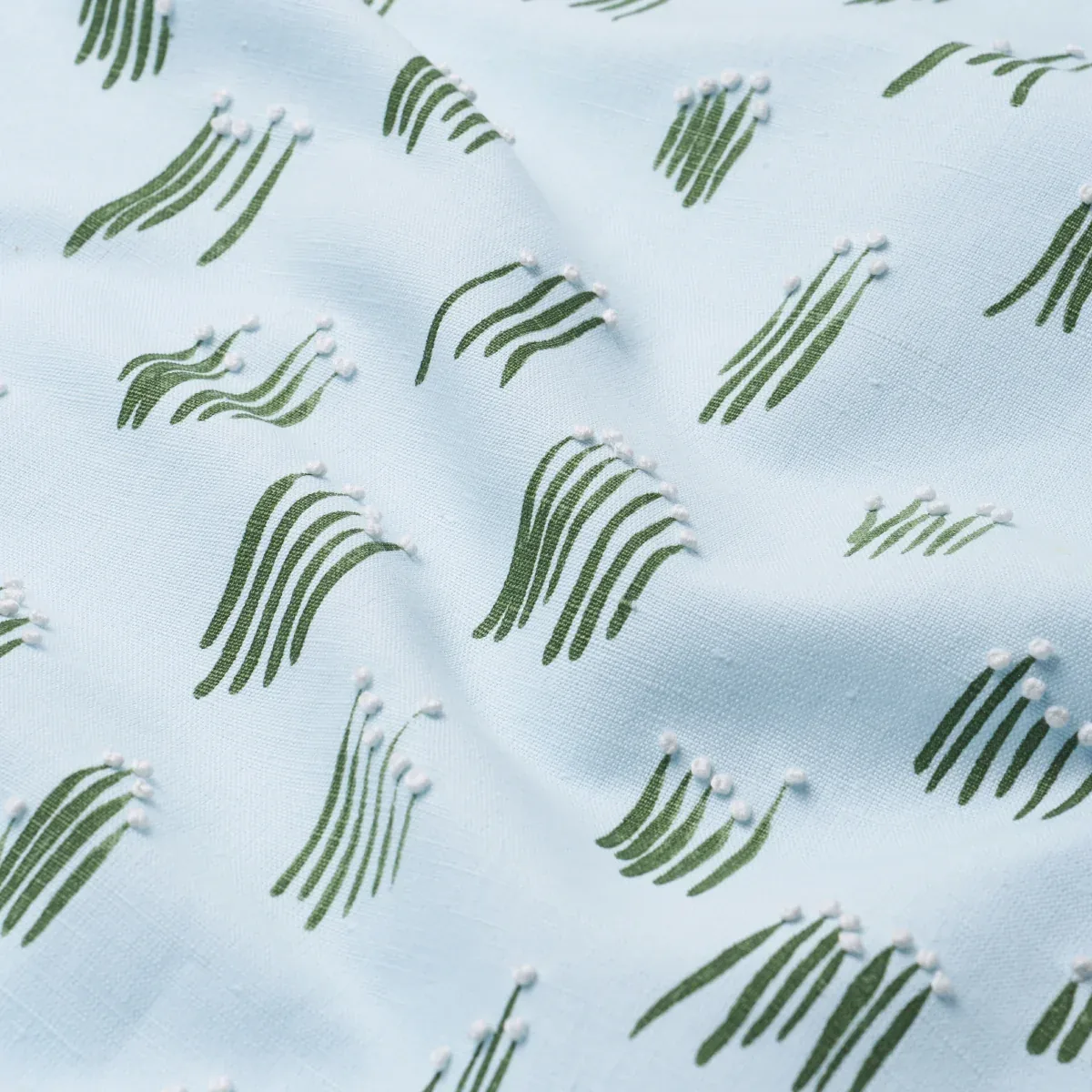MEADOW BUTTON HAND EMBROIDERY Fabric – BLUE | Schumacher | W MEADOW BUTTON HAND EMBROIDERY fabric BLUE color by Schumacher