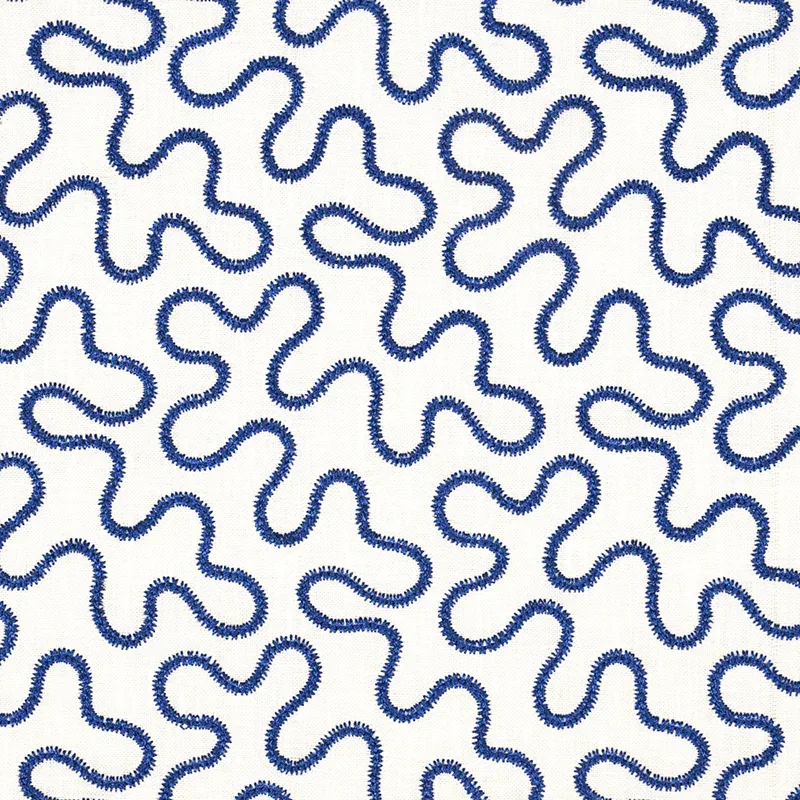 MEANDER EMBROIDERY fabric BLUE ON IVORY color by Schumacher