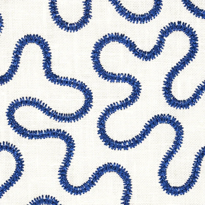 MEANDER EMBROIDERY fabric BLUE ON IVORY color by Schumacher