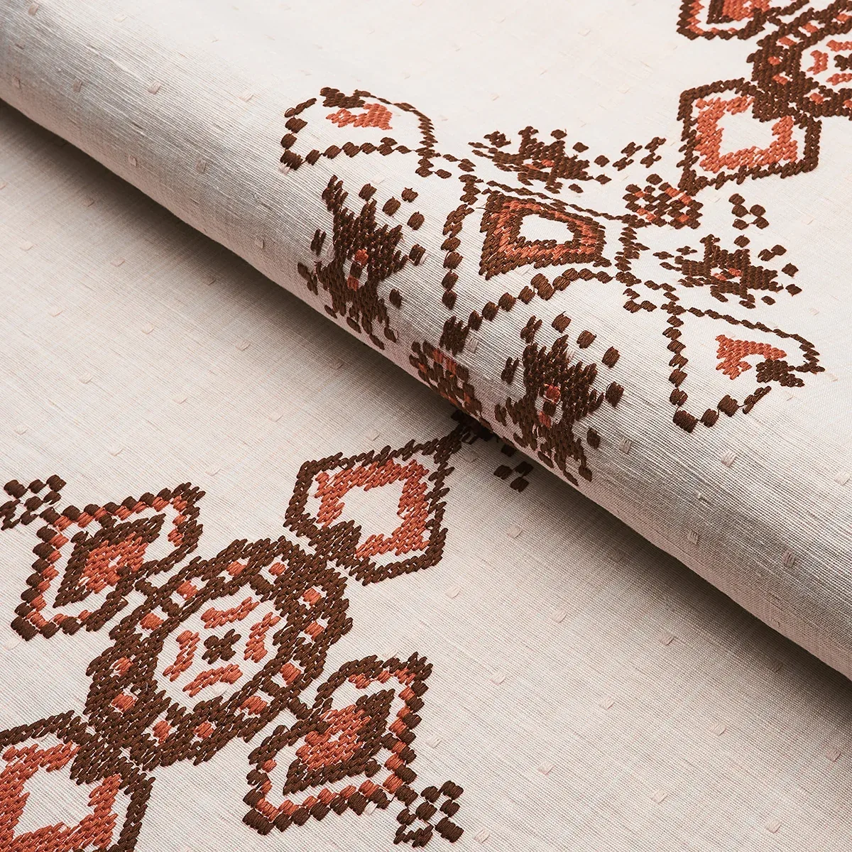 NADIRA EMBROIDERY Fabric – COCOA | Schumacher | Wallpaper Tw NADIRA EMBROIDERY fabric COCOA color by Schumacher