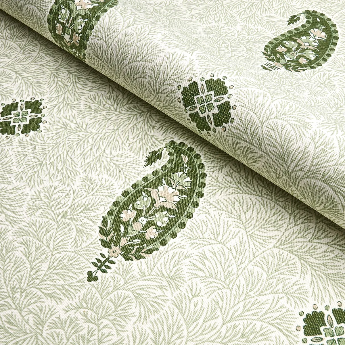 OJAI PAISLEY fabric LEAF GREEN color by Schumacher