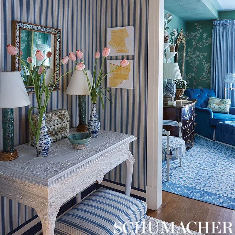 OJAI STRIPE Fabric – INDIGO | Schumacher | Wallpaper Twins OJAI STRIPE fabric INDIGO color by Schumacher