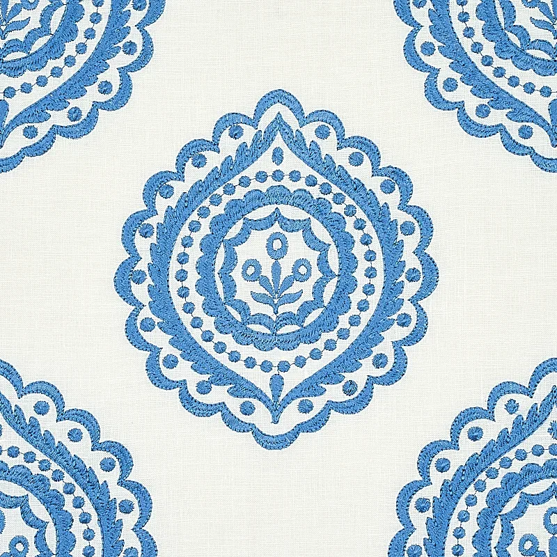 OLANA LINEN EMBROIDERY Fabric – BLUE | Schumacher | Wallpape OLANA LINEN EMBROIDERY fabric BLUE color by Schumacher